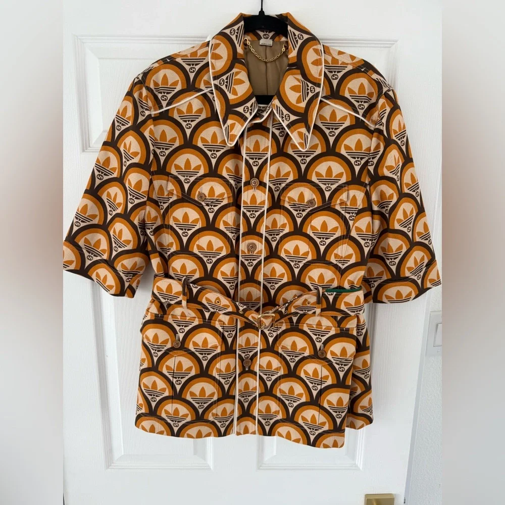 Gucci X Adidas Orange GG Trefoil Cotton Belted Jacket Size 52 - Picture 4 of 6
